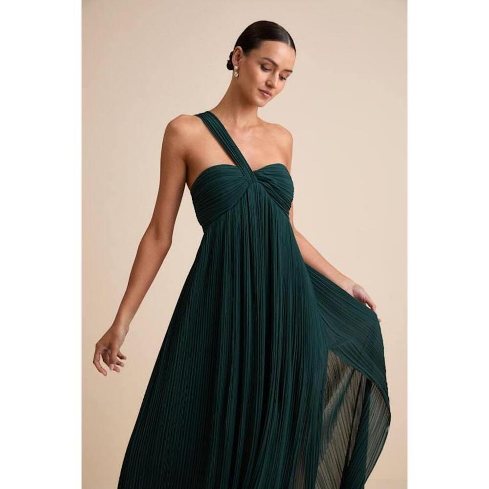 Lulus Cayton Emerald Pleated One-shoulder Maxi Dress Green - Size S